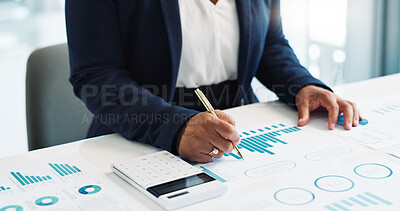 Business hands, calculator and financial statistics, graphs or charts for revenue, profit and budget report. Professional auditor or accountant planning of documents for data analytics and accounting