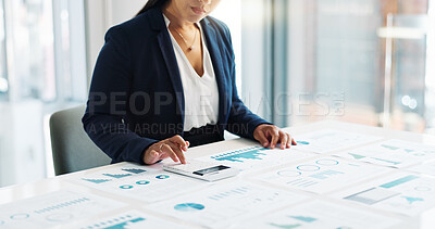Business woman, calculator and financial statistics, graphs or charts for revenue, profit and budget report. Hands of an auditor or accountant planning of documents for data analytics and accounting