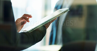 Closeup, hands or businesswoman with tablet or research for blog, post or networking in office. Digital agency, tech startup or social media manager typing online or planning for update in meeting