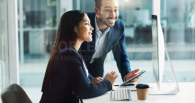Business people, teamwork and planning on computer, tablet and comparison in multimedia research or report. Man and woman with Information technology solution, results or support for digital software