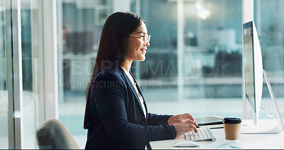 Business woman, typing on computer and happy copywriting, online planning and office software. Young worker, editor or writer working on desktop for research, report or editing of company newsletter