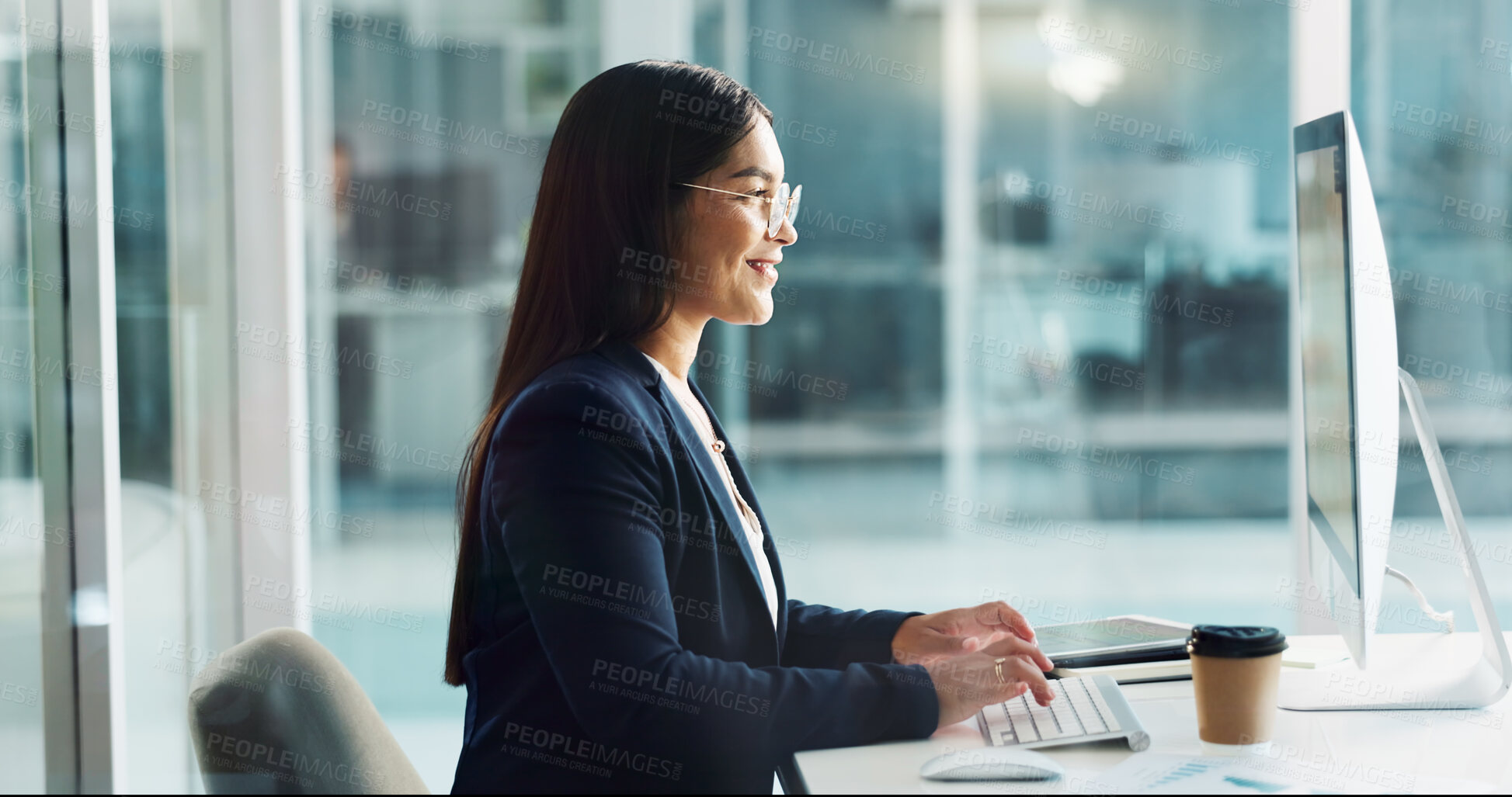 Buy stock photo Business woman, typing on computer and happy copywriting, online planning and office software. Young worker, editor or writer working on desktop for research, report or editing of company newsletter