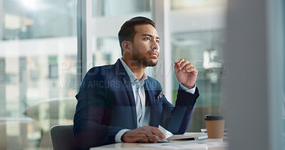 Business man, headache and tired on computer for information technology, online planning and office stress. Worker, programmer or developer with fatigue, pain or frustrated for mistake on desktop