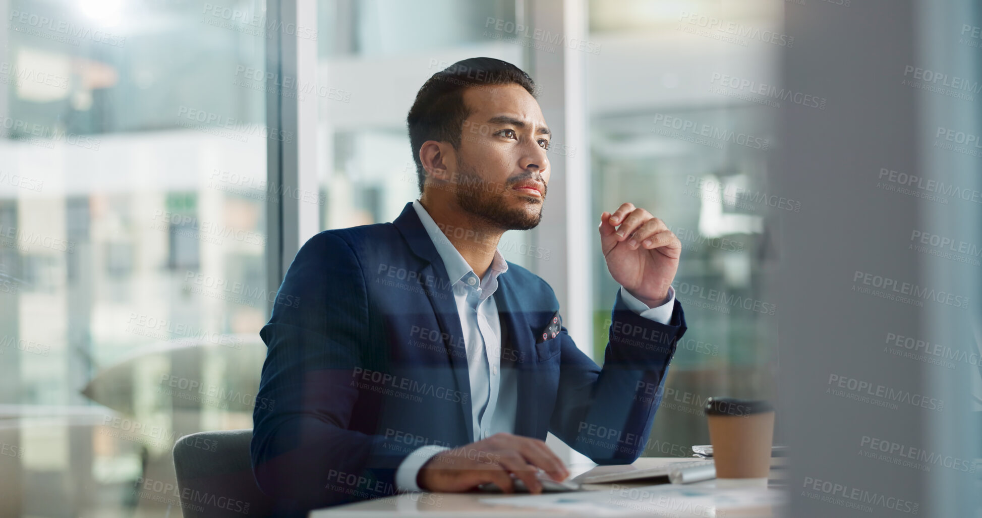 Buy stock photo Business man, headache and tired on computer for information technology, online planning and office stress. Worker, programmer or developer with fatigue, pain or frustrated for mistake on desktop