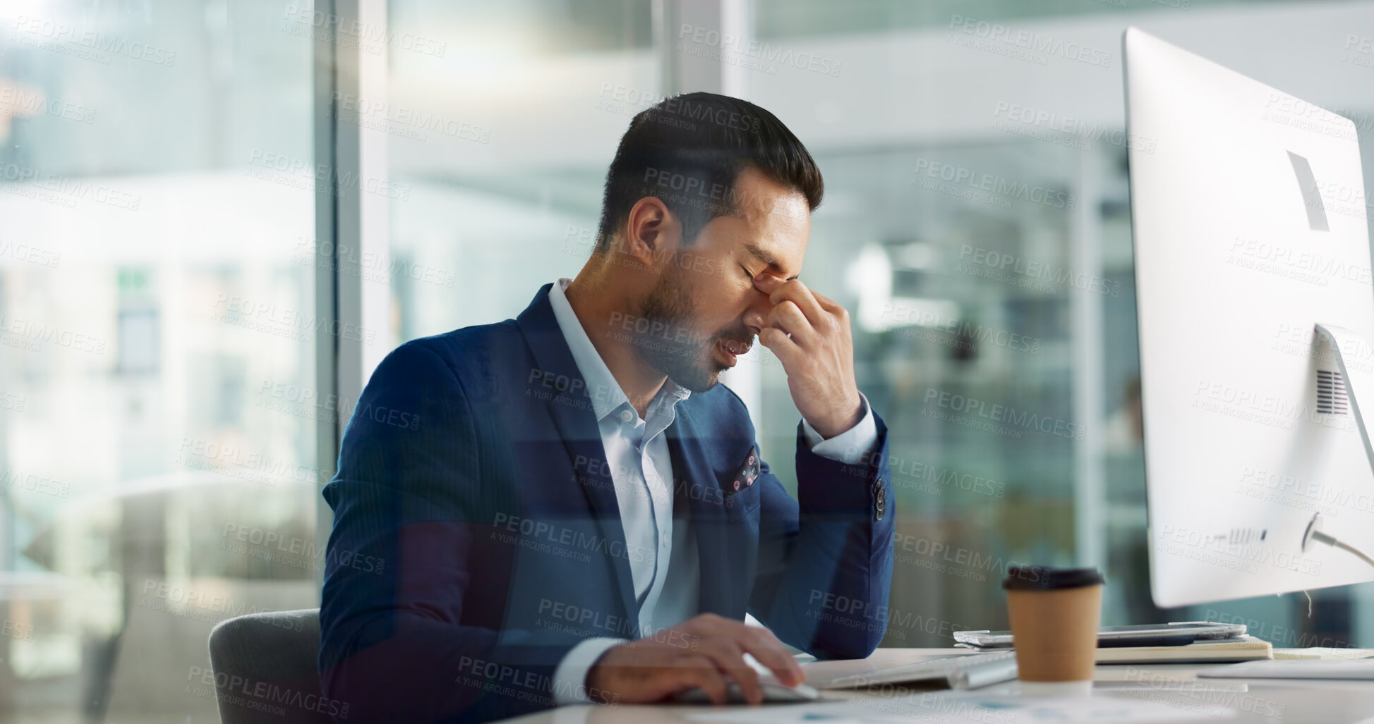 Buy stock photo Business man, headache and tired on computer for information technology, online planning and office stress. Worker, programmer or developer with fatigue, pain or frustrated for mistake on desktop