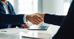 Business people, closeup and handshake for deal, agreement and partnership negotiation in office. Shaking hands, contract and hiring offer for recruitment, interview and financial analyst in meeting