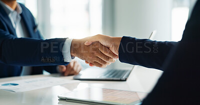 Business people, closeup and handshake for deal, agreement and partnership negotiation in office. Shaking hands, contract and hiring offer for recruitment, interview and financial analyst in meeting