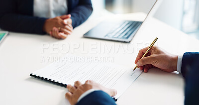 Professional hands, clients and documents signature for legal contract, agreement and office consultation. Notary, advisor or people writing on paper for funding, terms and conditions or insurance