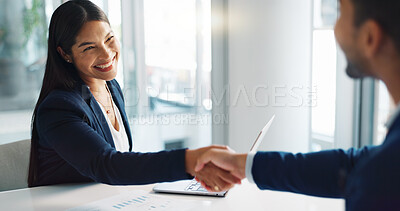 Business people, smile and handshake for deal, agreement and partnership negotiation in office. Shaking hands, contract and recruitment, hiring offer and b2b collaboration of consultant in meeting