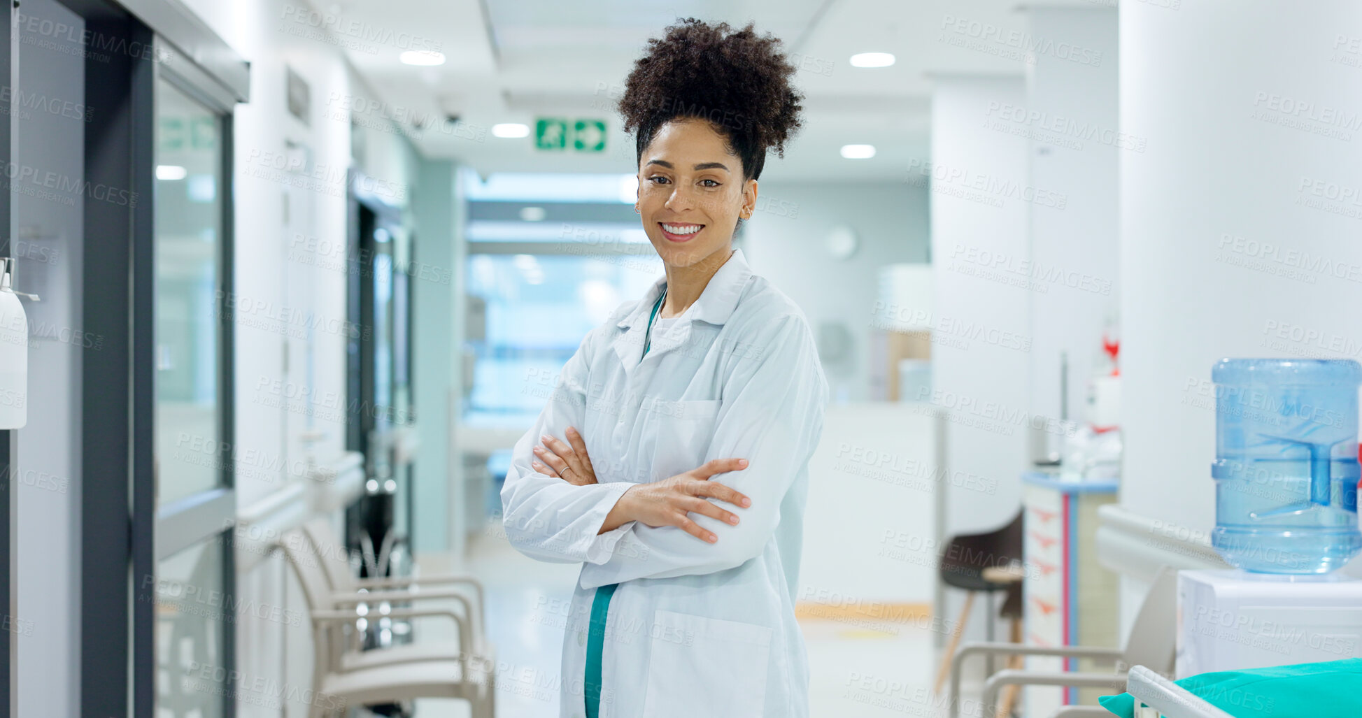 Buy stock photo Medical, face and woman or doctor with crossed arms for wellness, trust and service in hospital or clinic. Portrait, person and expert with happiness for career, cardiology or nursing at workplace