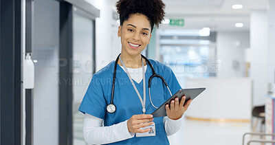 Face, tablet or doctor in hospital with research on social media to search for medicine info online. Happy woman, smile or medical healthcare nurse browsing on technology for telehealth in clinic