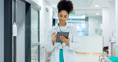 Typing, tablet or doctor in hospital with research on social media to search for medicine news online. Woman reading, smile or medical healthcare nurse browsing on technology for telehealth or meme