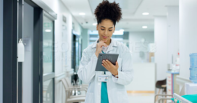 Typing, tablet or doctor in hospital with research on social media to search for medicine news online. Woman reading, smile or medical healthcare nurse browsing on technology for telehealth or meme