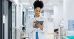 Medical, tablet or doctor typing for research on social media to search for medicine news online. Woman reading, scroll or healthcare nurse browsing on technology for telehealth services in hospital