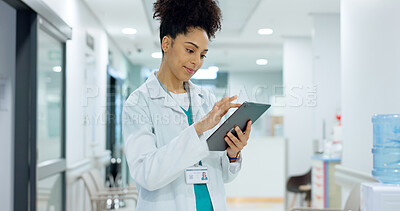 News, tablet or doctor in hospital with research on social media to search for medicine info online. Woman reading, smile or medical healthcare nurse browsing on technology for telehealth in clinic