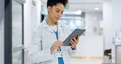 Happy woman, doctor and tablet for research, communication or healthcare results at hospital. Female person, nurse or medical surgeon with technology for schedule, Telehealth or networking at clinic