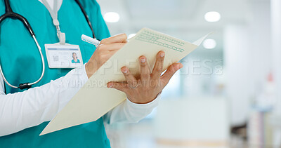 Nurse, writing and hands on folder in hospital or document for insurance, healthcare and report with patient information. Paperwork, checklist or doctor with medical notes in file and chart in clinic