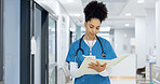 Nurse, writing and document in hospital for insurance, healthcare and compliance report with patient information. Paperwork, checklist and doctor with medical notes in file, chart or folder in clinic