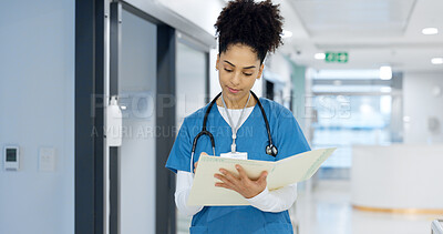 Nurse, writing and document in hospital for insurance, healthcare and compliance report with patient information. Paperwork, checklist and doctor with medical notes in file, chart or folder in clinic