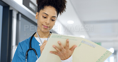 Writing, nurse and document in hospital for insurance, healthcare and compliance report with patient information. Paperwork, checklist and doctor with medical notes in file, chart or folder in clinic