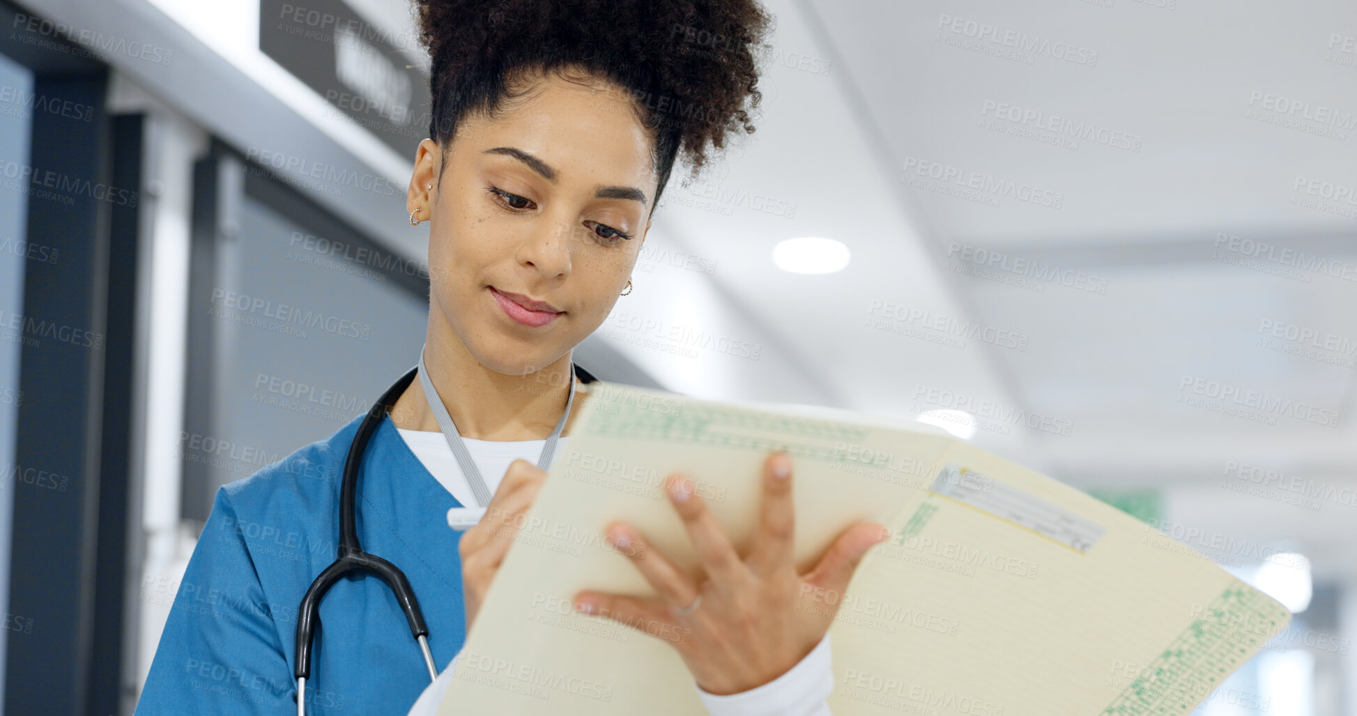 Buy stock photo Writing, nurse and document in hospital for insurance, healthcare and compliance report with patient information. Paperwork, checklist and doctor with medical notes in file, chart or folder in clinic