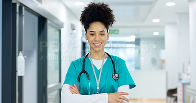 Healthcare, face and woman or nurse with arms crossed for wellness, trust and service in hospital or clinic. Portrait, person or doctor with happiness for career, cardiology or nursing at workplace