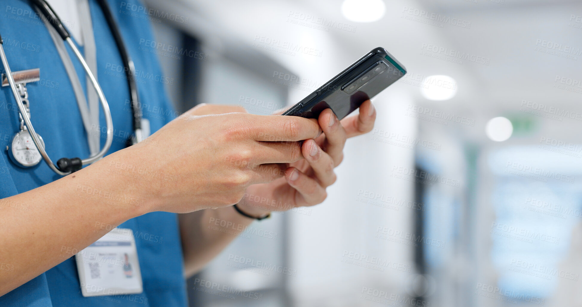 Buy stock photo Hands, phone and healthcare with a nurse scrolling in a hospital closeup for research or networking. Medical, communication and information with a medicine professional reading a text in a clinic