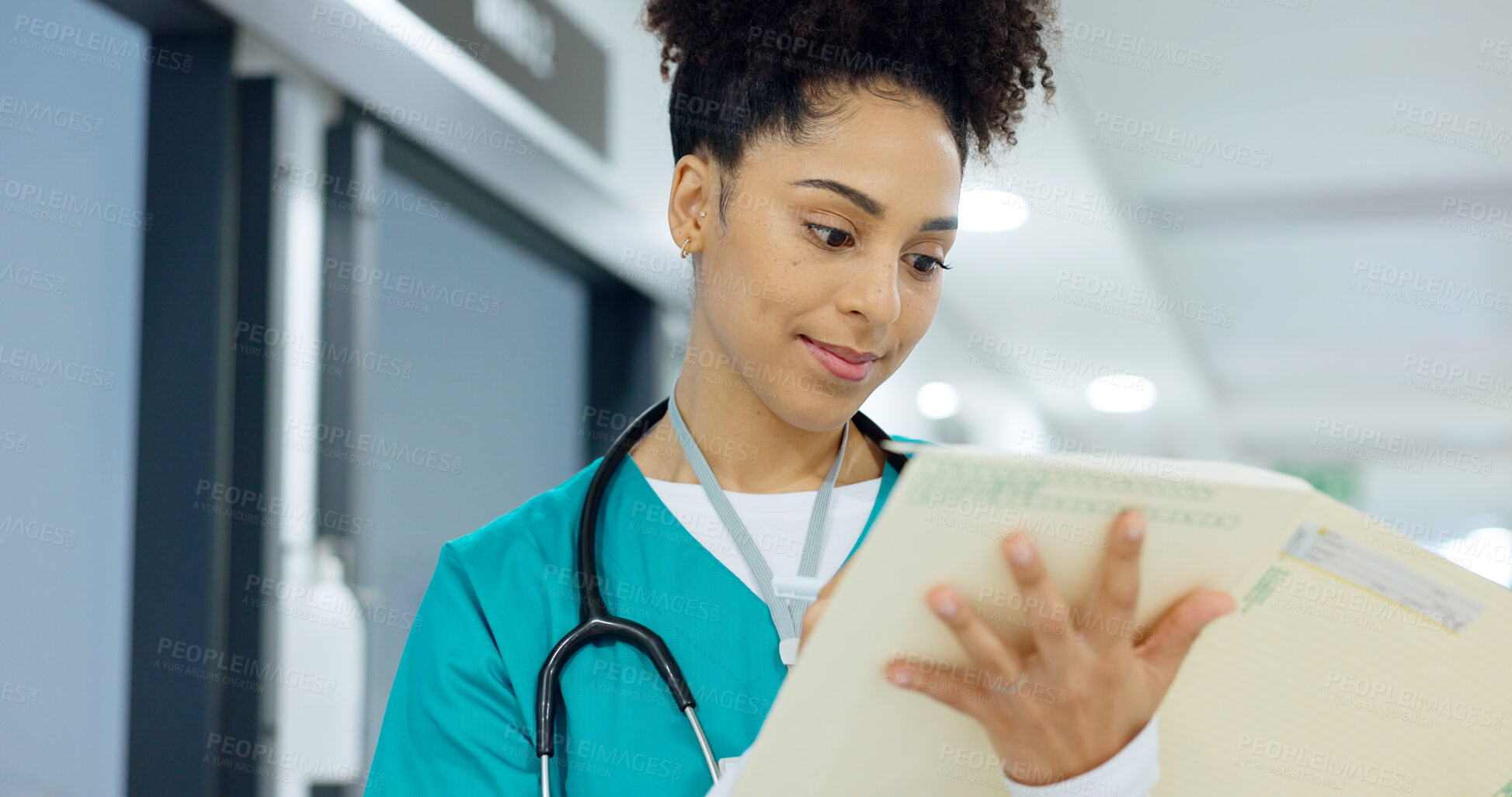 Buy stock photo Writing, notes and nurse with document in hospital for insurance, healthcare or compliance report with information. Paperwork, checklist and doctor with medical file, chart or folder in clinic