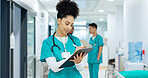 Doctor, holding and writing on clipboard in hospital for patient, care or treatment after exam in emergency room. Woman, nurse and medicine after consulting for health, wellness or surgery in space