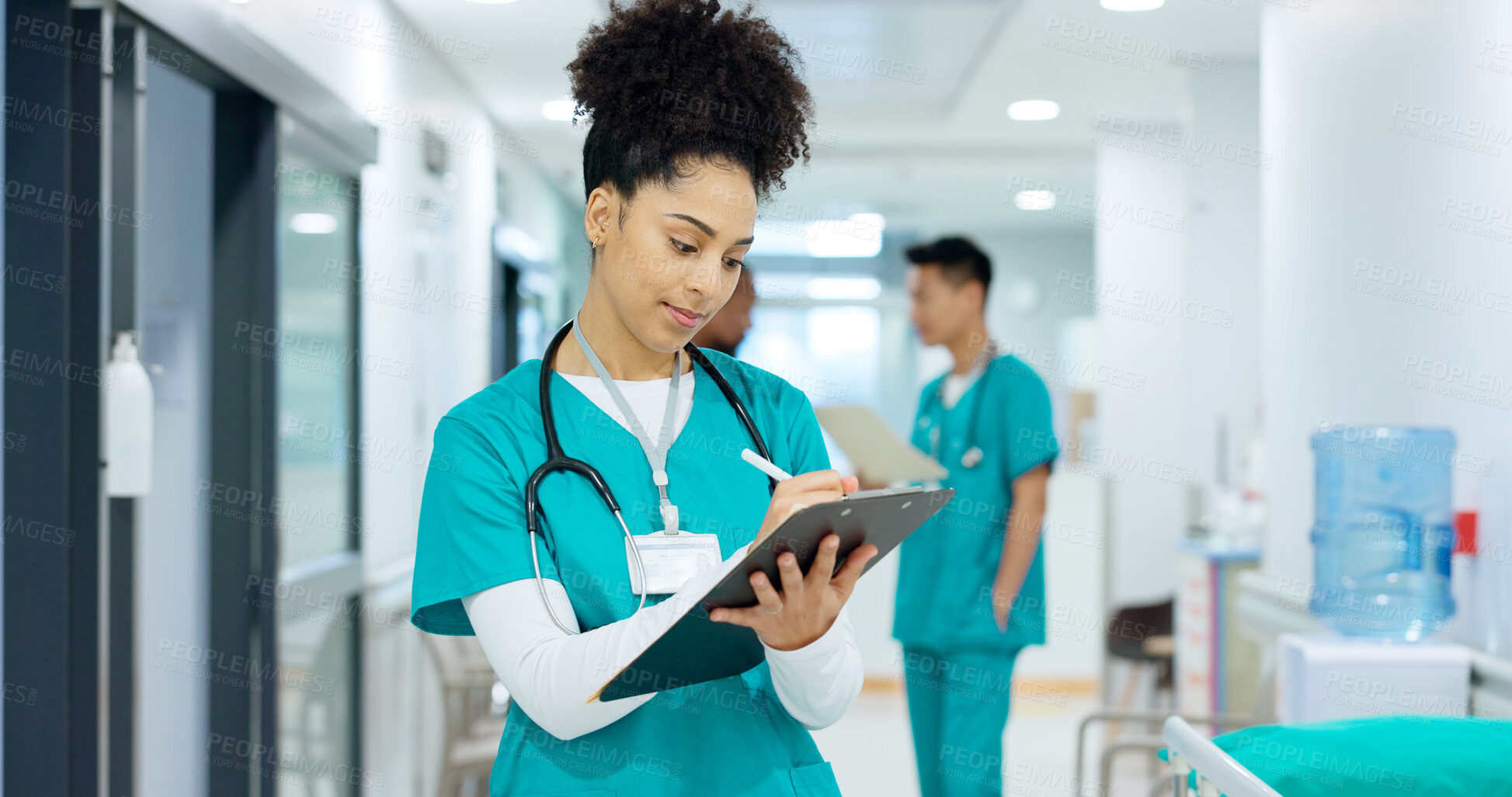 Buy stock photo Doctor, holding and writing on clipboard in hospital for patient, care or treatment after exam in emergency room. Woman, nurse and medicine after consulting for health, wellness or surgery in space