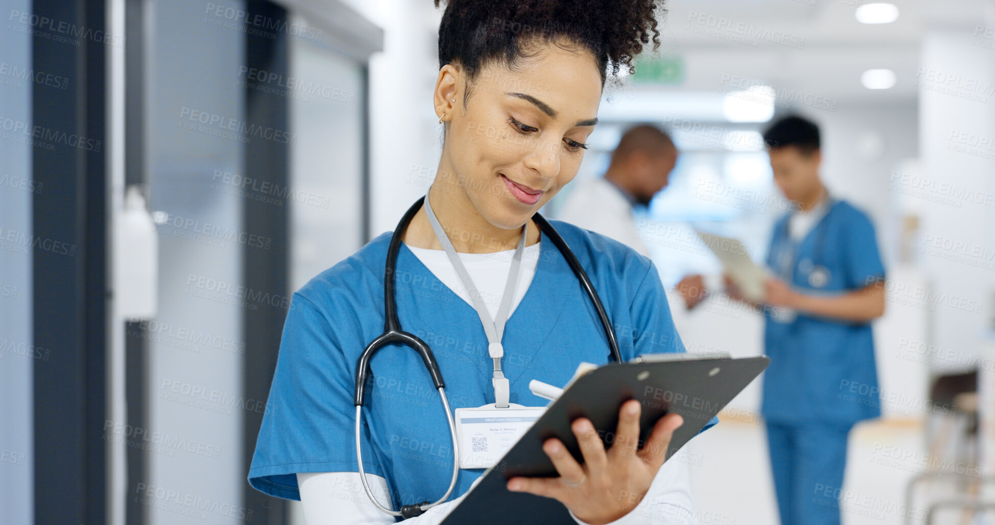 Buy stock photo Woman doctor, documents and writing in medical checklist, medical charts and hospital notes or clinic service. Healthcare worker or happy nurse with clipboard, paperwork and schedule update or report