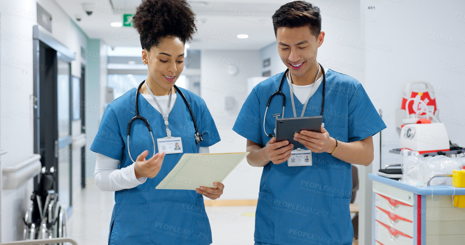 Buy stock photo Hospital, nurse and people with tablet in discussion with analysis of results and health report in clinic. Healthcare, teamwork and medical students with tech for diagnosis, research or collaboration