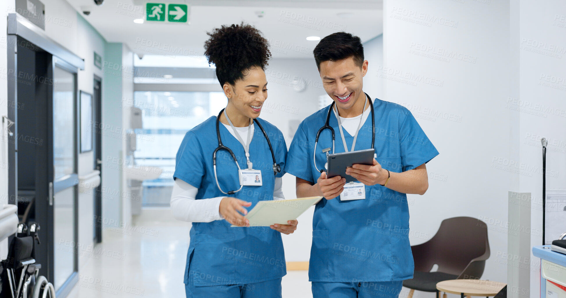 Buy stock photo Hospital, nurse and people with tablet in discussion with analysis of results and health report in clinic. Healthcare, teamwork and medical students with tech for diagnosis, research or collaboration