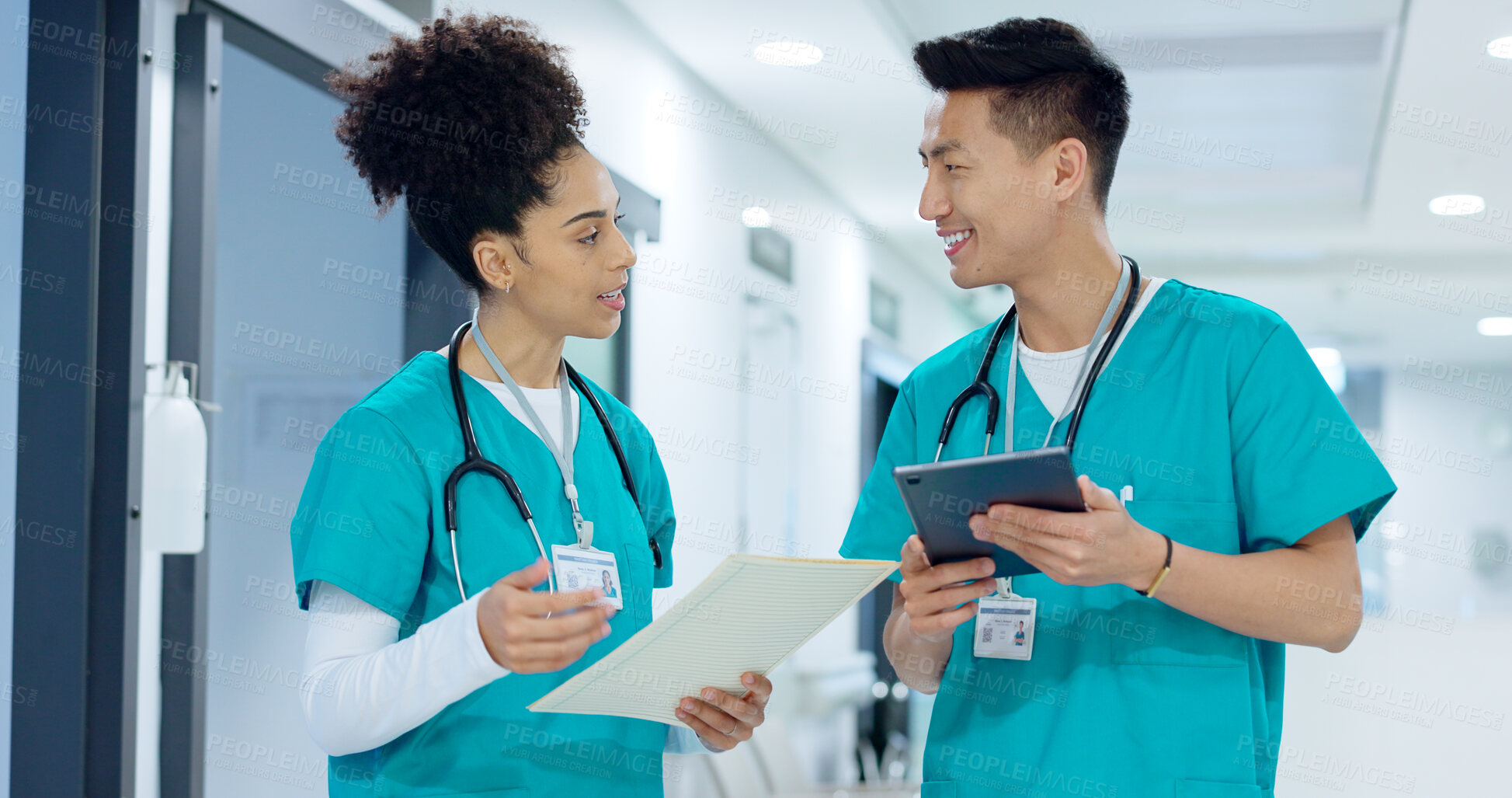 Buy stock photo Hospital, nurse and people with tablet in discussion with analysis of results and health report in clinic. Healthcare, teamwork and medical students with tech and planning research or collaboration