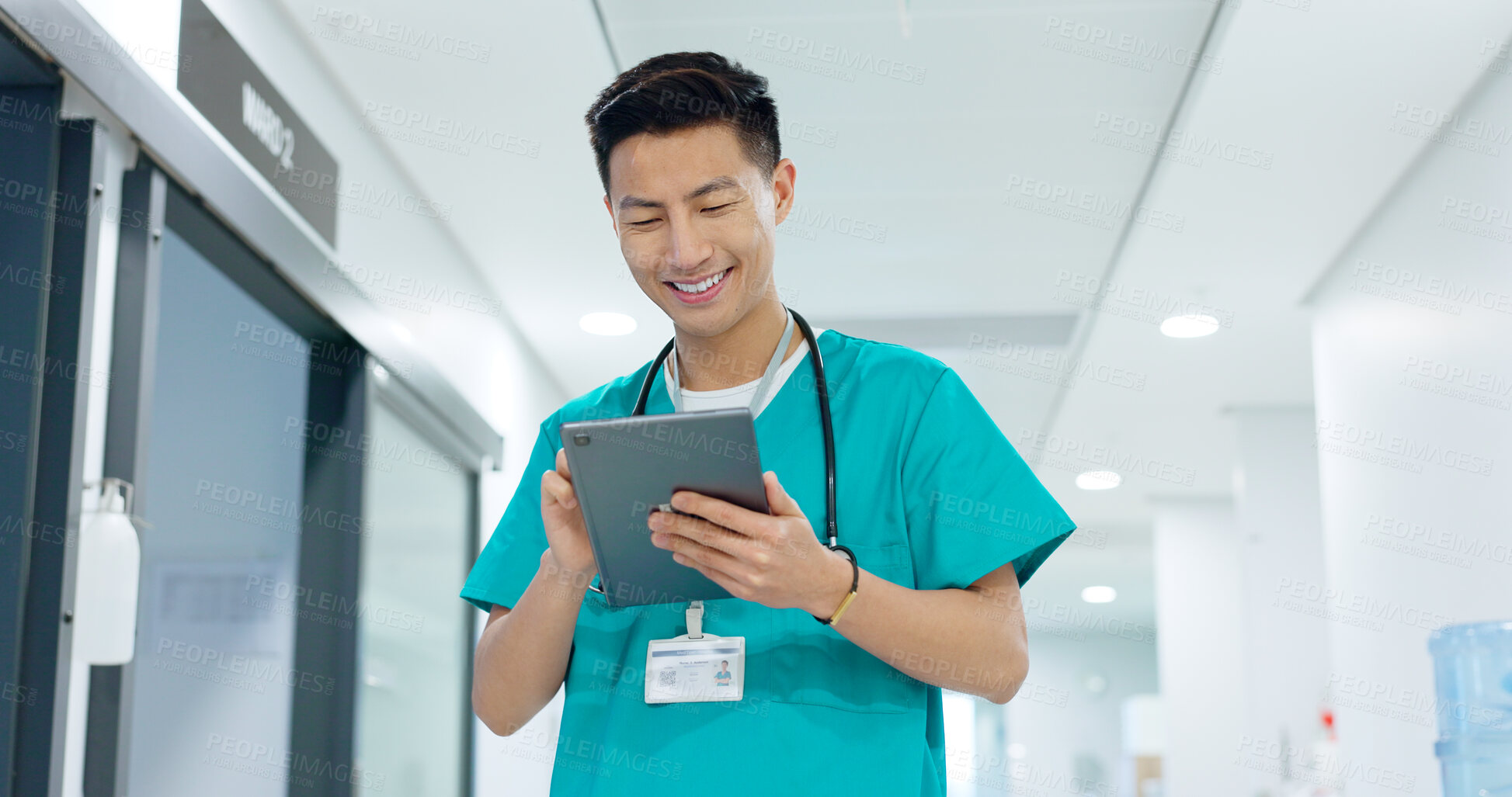 Buy stock photo Doctor, nurse and smile on tablet for hospital services, thinking of healthcare and typing information online. Medical worker or Asian man in China with digital technology, clinic inspection or ideas