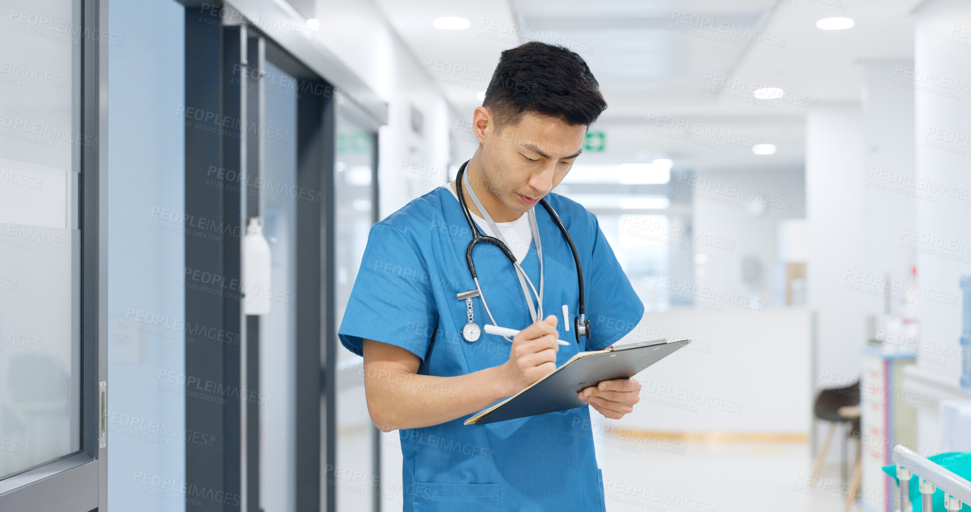 Buy stock photo Doctor, planning and writing in documents, medical checklist or charts for hospital notes or clinic service. Healthcare worker, asian man or nurse smile for clipboard, paperwork or thinking in clinic