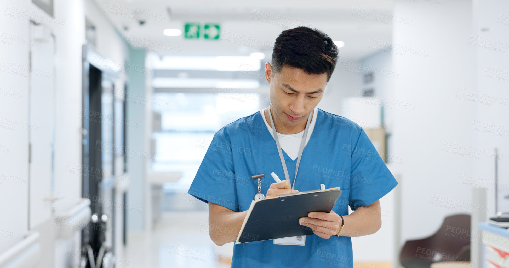 Buy stock photo Doctor, planning and writing in documents, medical checklist or charts for hospital notes or clinic service. Healthcare worker, asian man or nurse smile for clipboard, paperwork or thinking in clinic