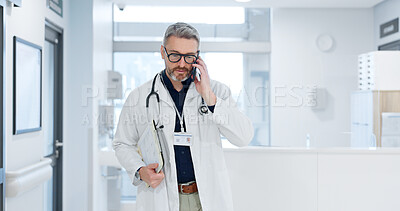 Phone call, doctor and man walking in hospital, talking or conversation for healthcare. Smartphone, smile and medical professional with documents for communication, consulting or telehealth in clinic