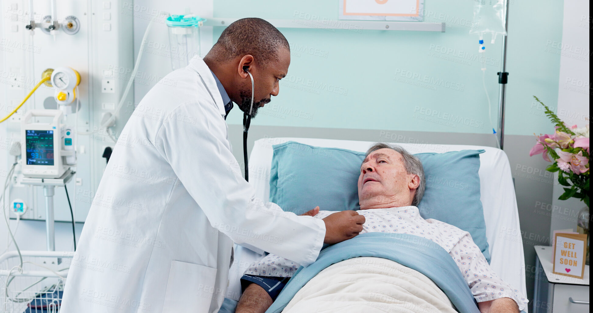 Buy stock photo Senior man, doctor and hospital bed with patient, stethoscope and checkup for consultation, breathing or lungs. Health issue, lungs and elderly for healthcare service, cardiology and old age sickness