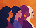 Diversity, freedom and equality with a group of woman together in a crowd or illustration as a poster. Peace, community or human rights with an image of different people and women on a color backdrop