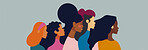 Diversity, freedom and equality with a group of woman together in a crowd or illustration as a poster. Peace, community or human rights with an image of different people and women on a color backdrop