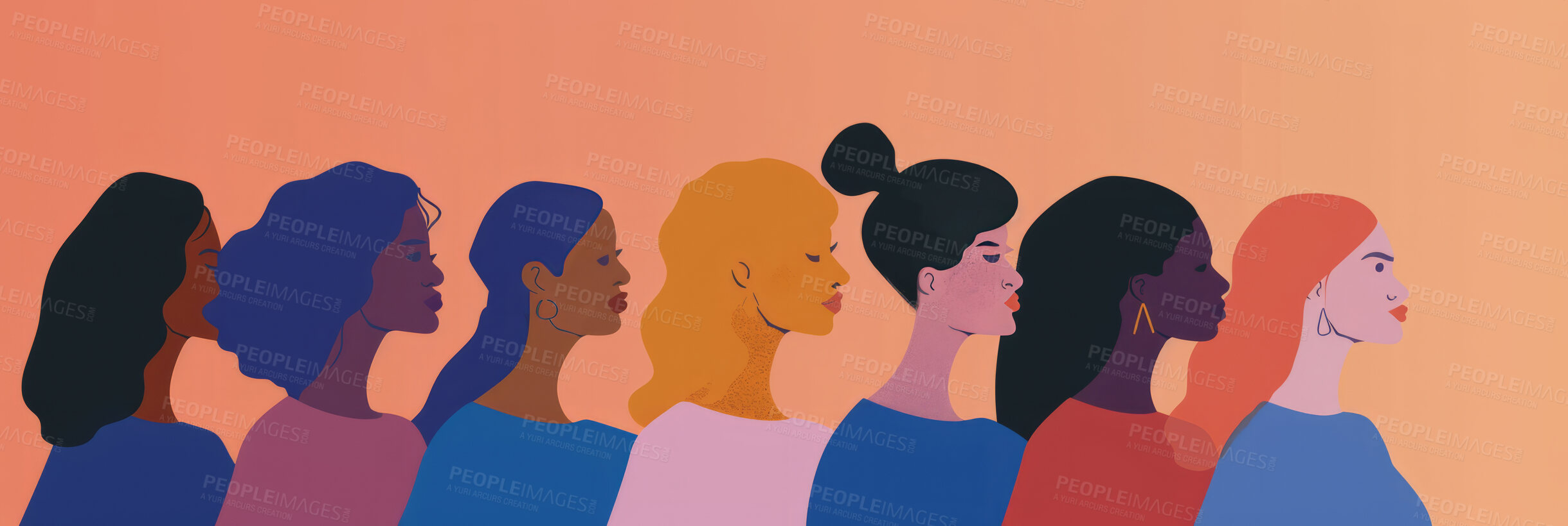 Buy stock photo Diversity, freedom and equality with a group of woman together in a crowd or illustration as a poster. Peace, community or human rights with an image of different people and women on a color backdrop