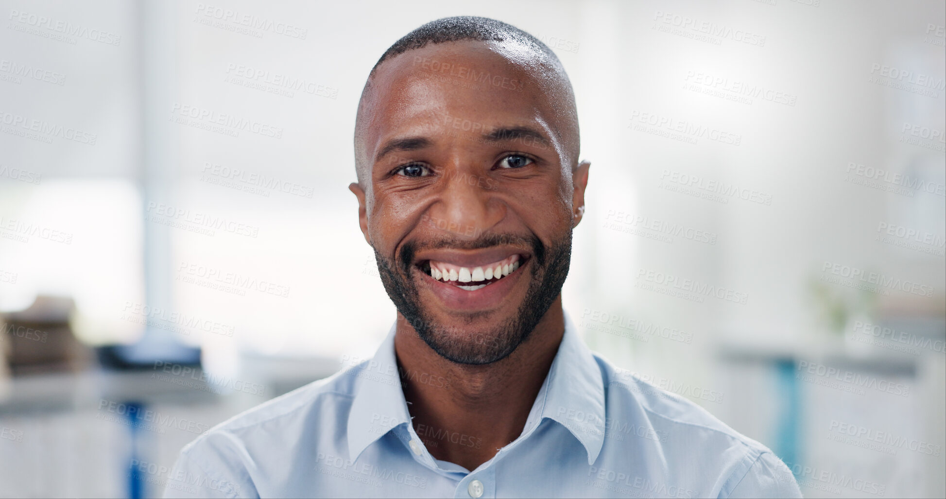 Buy stock photo Smile, pride and face of businessman in office with positive, good and confident attitude for legal career. Happy, professional and portrait headshot of young male lawyer in modern workplace.