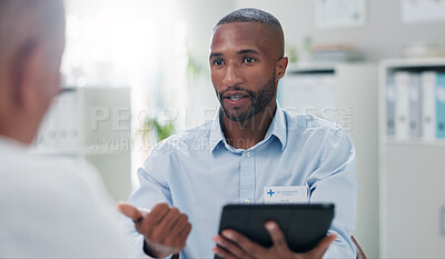 Man, doctor and tablet with patient for consulting, diagnosis or steps in healthcare at hospital. Male person or medical employee talking or explaining with technology in consultation for checklist
