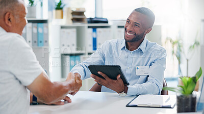 Man, doctor and handshake with tablet, patient or consultation for healthcare results or diagnosis at hospital. Male person or medical employee shaking hands with technology for agreement at clinic