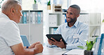 Man, doctor and consultation with tablet, patient or diagnosis for healthcare results at hospital. Male person or medical employee talking, explaining or consulting with technology at clinic checkup