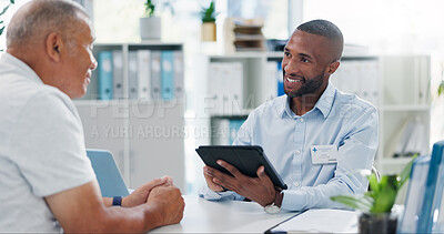 Man, doctor and consultation with tablet, patient or diagnosis for healthcare results at hospital. Male person or medical employee talking, explaining or consulting with technology at clinic checkup