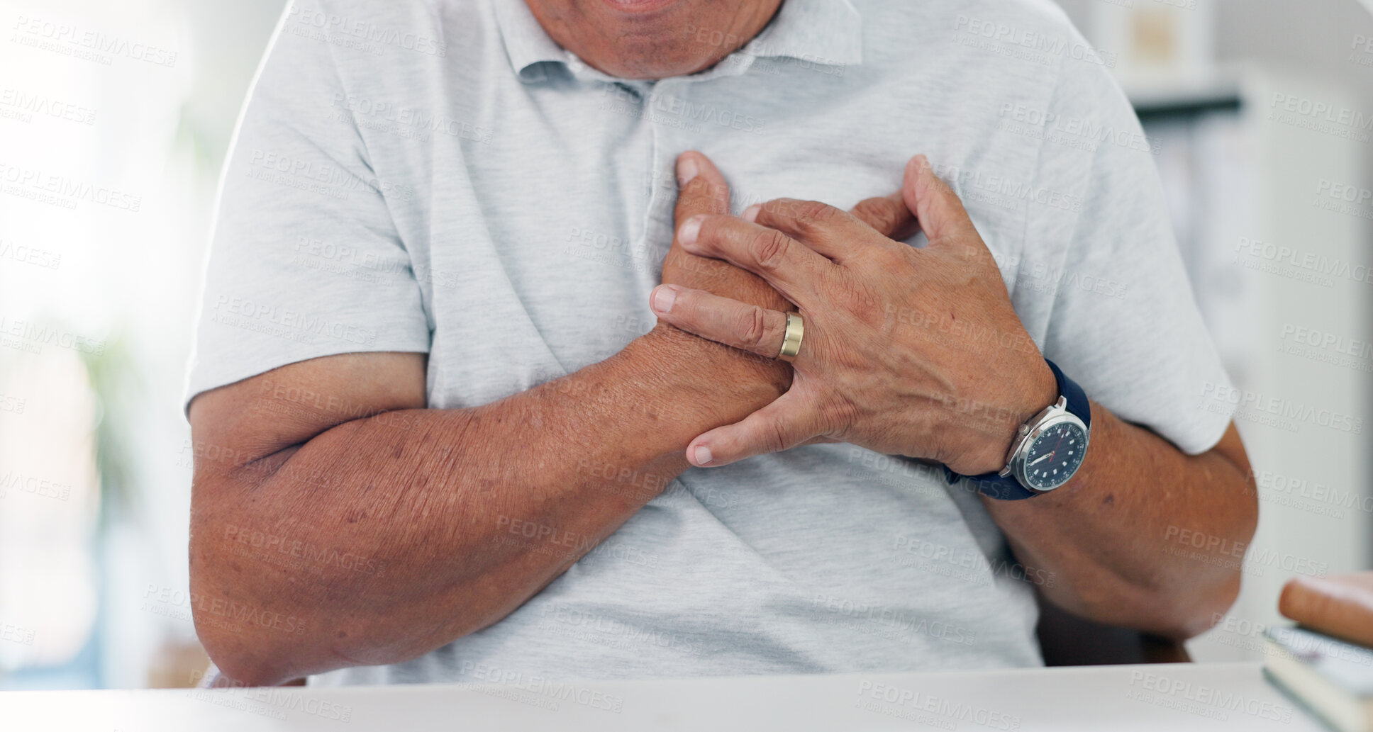 Buy stock photo Hands, chest pain and heart attack, old person and cardiovascular health with emergency and angina. Heartburn, hypertension or lung disease, sick with asthma or stroke in medical crisis from stress