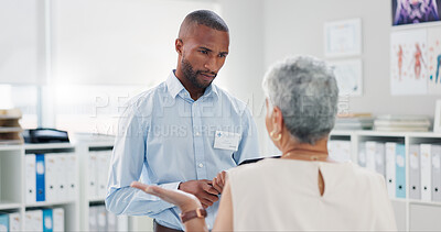 Buy stock photo Black man, healthcare and tablet with patient for consultation, checkup or results at clinic. Medical professional, technology and office for schedule, diagnosis or heart disease of elderly woman