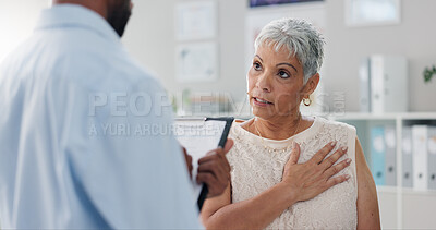 Patient, doctor and chest pain for consultation advice with clipboard for checklist or inflammation, Indigestion or infection. Female person, wellness and retirement or lung illness, healing or help